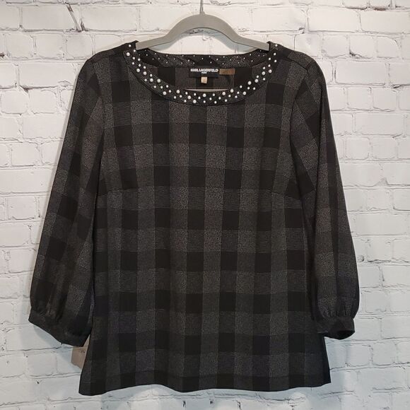 Karl Lagerfeld faux pearl collar crepe top - Picture 1 of 8